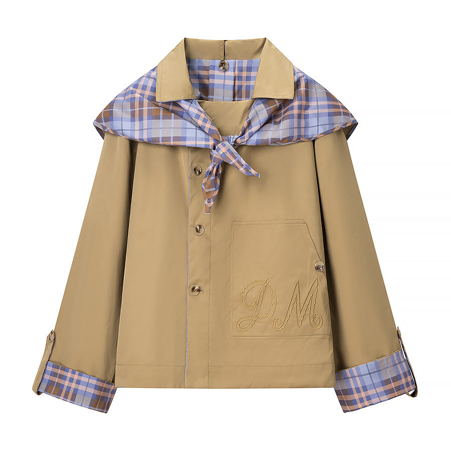 Women’s short jacket with check collar, tie scarf, and monogram pocket Mune Fashion