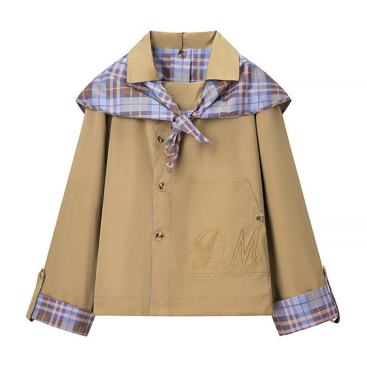 Women’s short jacket with check collar, tie scarf, and monogram pocket Mune Fashion