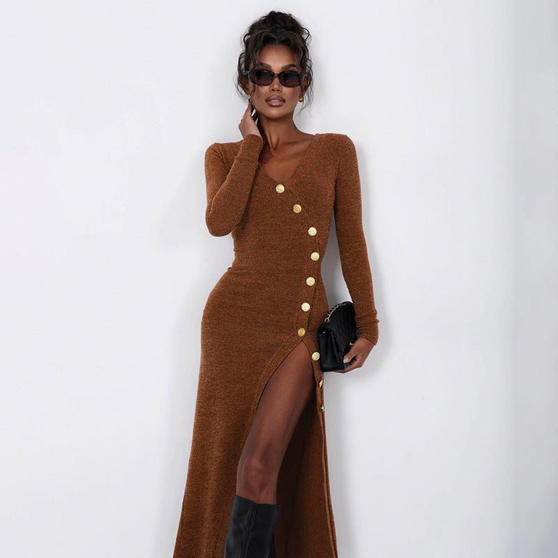 Women’s body-hugging midi dress with asymmetrical button placket, deep V-neck, and high side slit Mune Fashion
