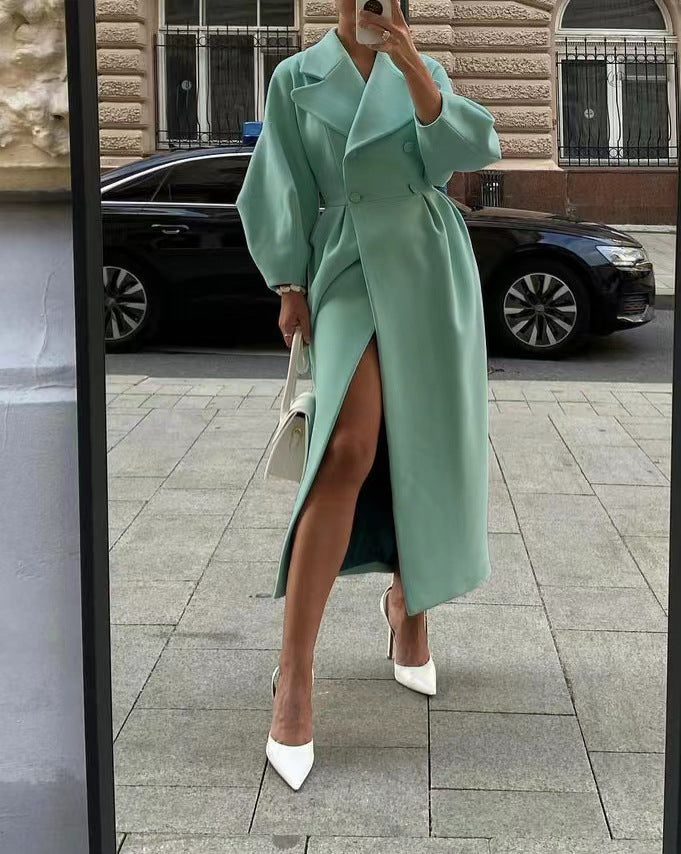 Women's tailored double-breasted trench coat with wide sleeve and high leg slit Mune Fashion