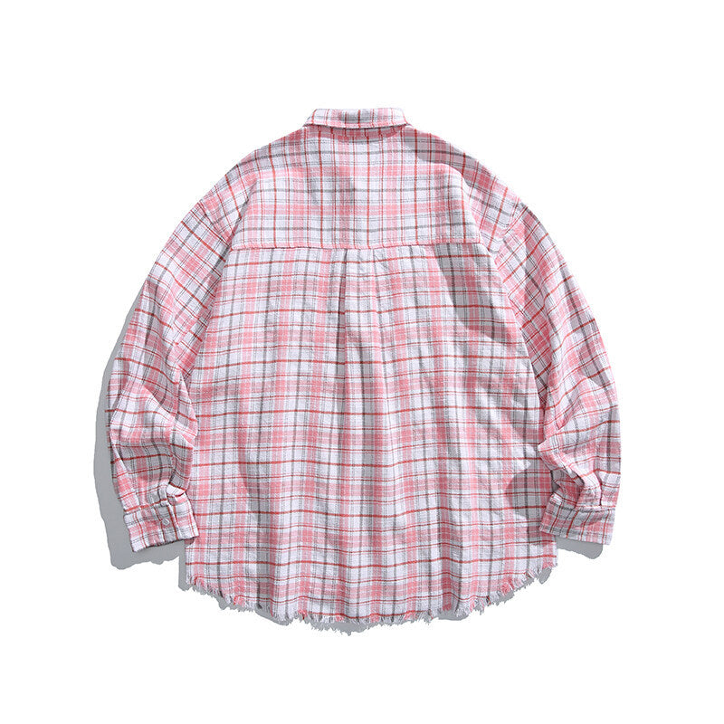 Unisex Boxy overshirt in checked linen blend with frayed hem and patch pockets Mune Fashion