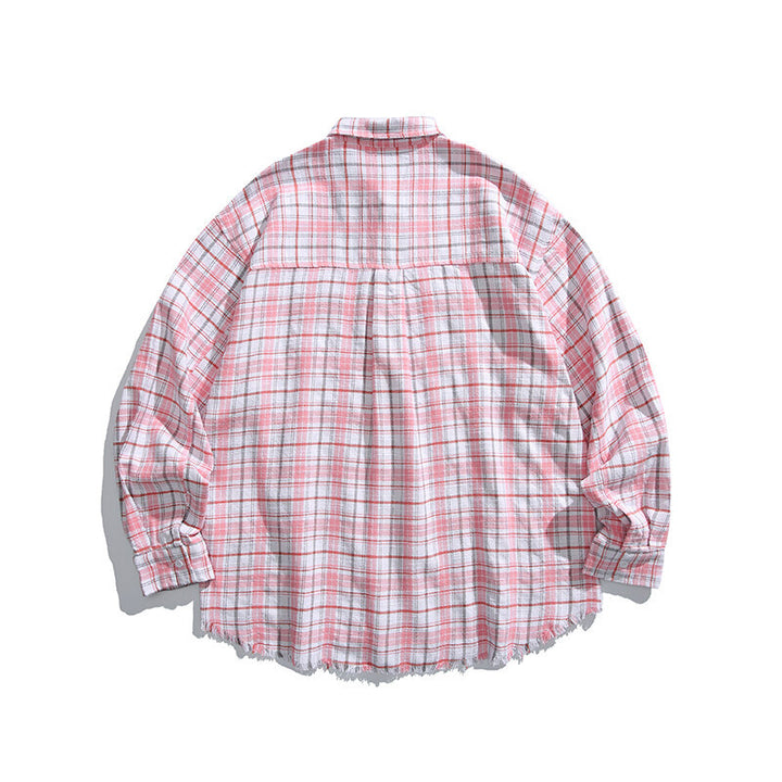 Unisex Boxy overshirt in checked linen blend with frayed hem and patch pockets Mune Fashion
