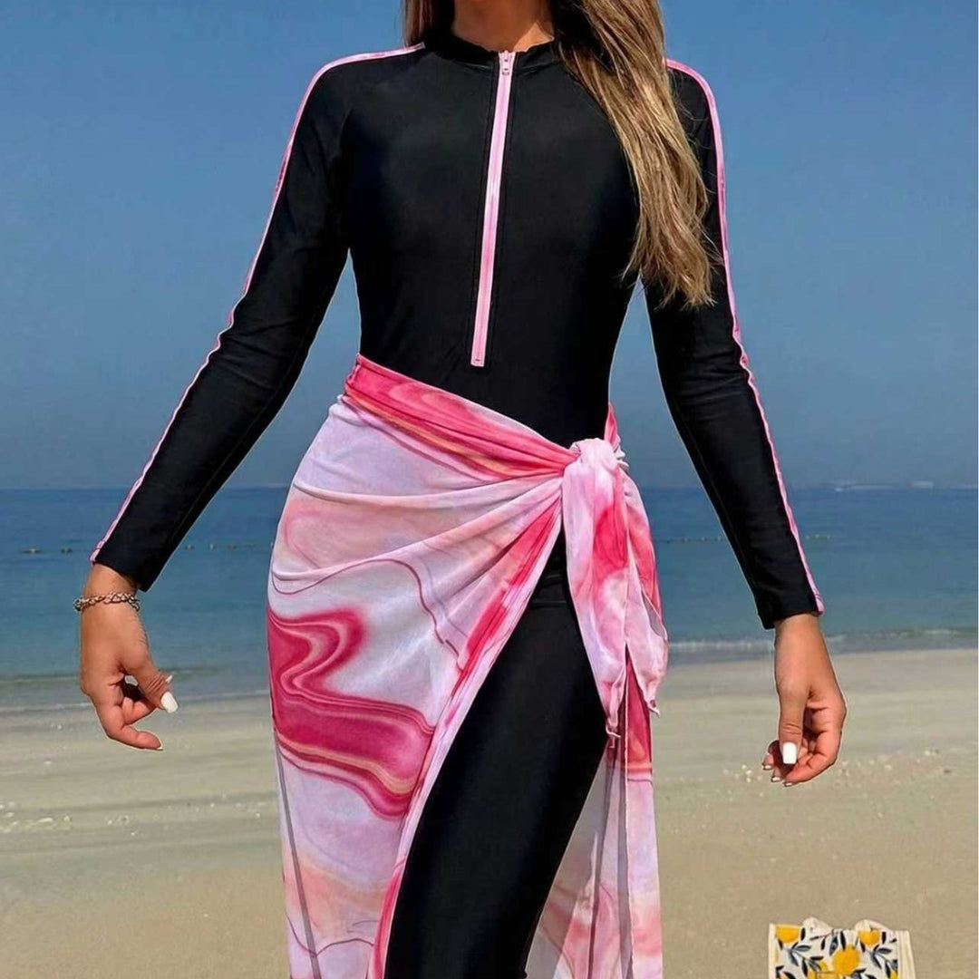 Women's Long Sleeve Surf Suit with Zipper and Wrap Skirt Mune Fashion