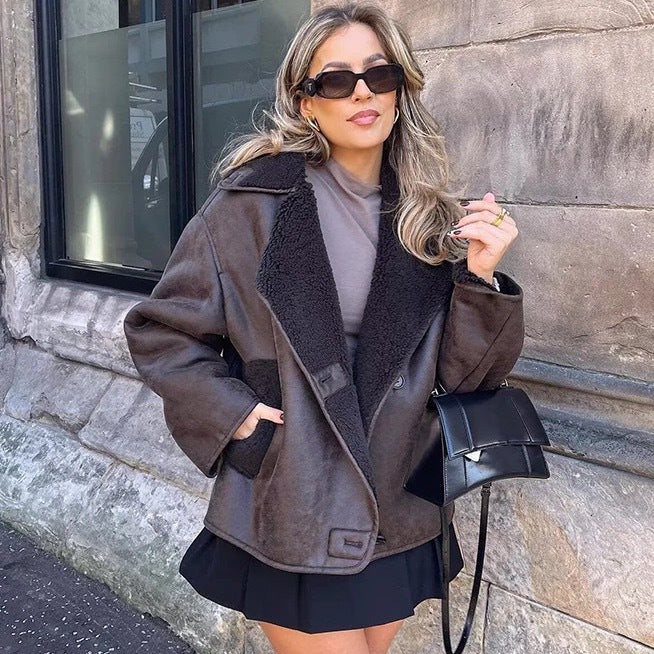 Ladies nan short winter jacket with soft teddy lining, wrap collar and button placket Mune Fashion