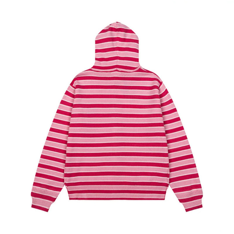 Women's Striped Hooded Cardigan with Full Zip and Pockets Mune Fashion