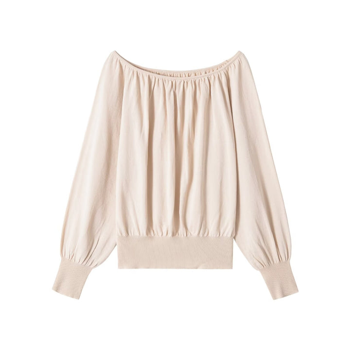 Women's Off-Shoulder Oversized Top with Ruffled Neckline, Balloon Sleeves, and Wide Ribbed Cuffs Mune Fashion