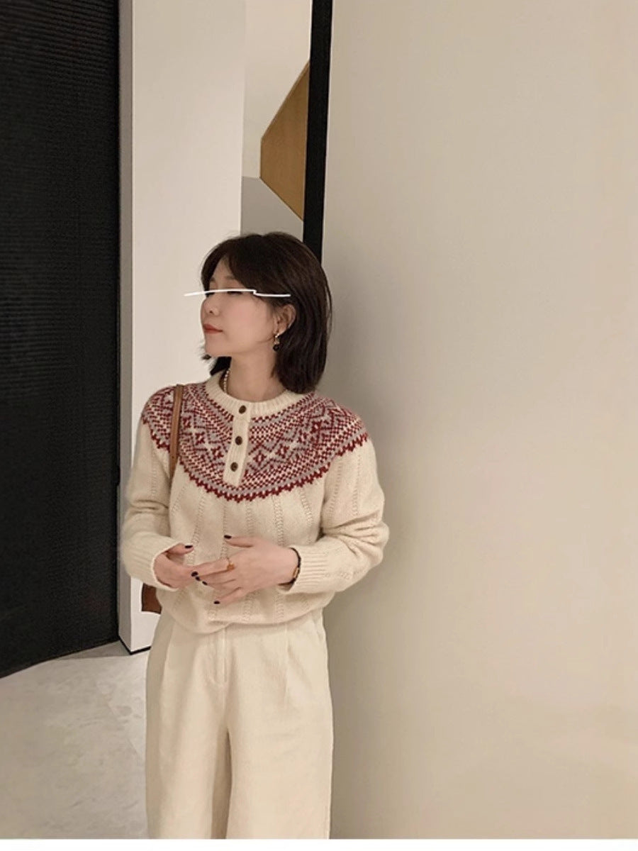 Women Norwegian pattern round yoke sweater with button placket and mohair look Mune Fashion