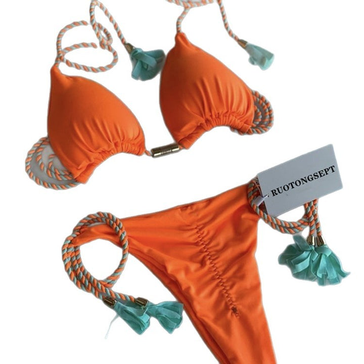 Ladies' triangle bikini with trendy leopard pattern and decorative tassels Mune Fashion