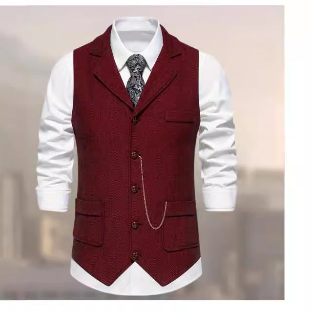 Men's vintage vest with lapel collar watch chain and breast pocket Mune Fashion