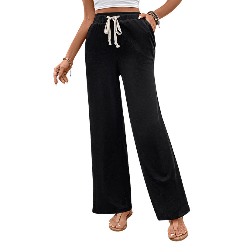 Women Wide High-Waist Lounge Pants with Drawstring and Side Pockets Mune Fashion