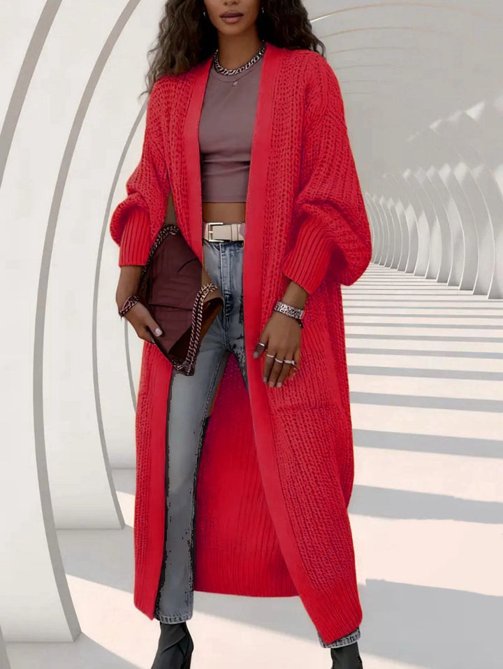 Women Long Open Chunky Knit Coat Cardigan with Braided Structure and Dropped Shoulder Mune Fashion