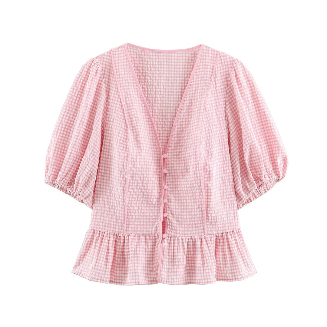 Women Checked V-Neck Blouse with Puff Sleeves and Ruffle Hem Mune Fashion