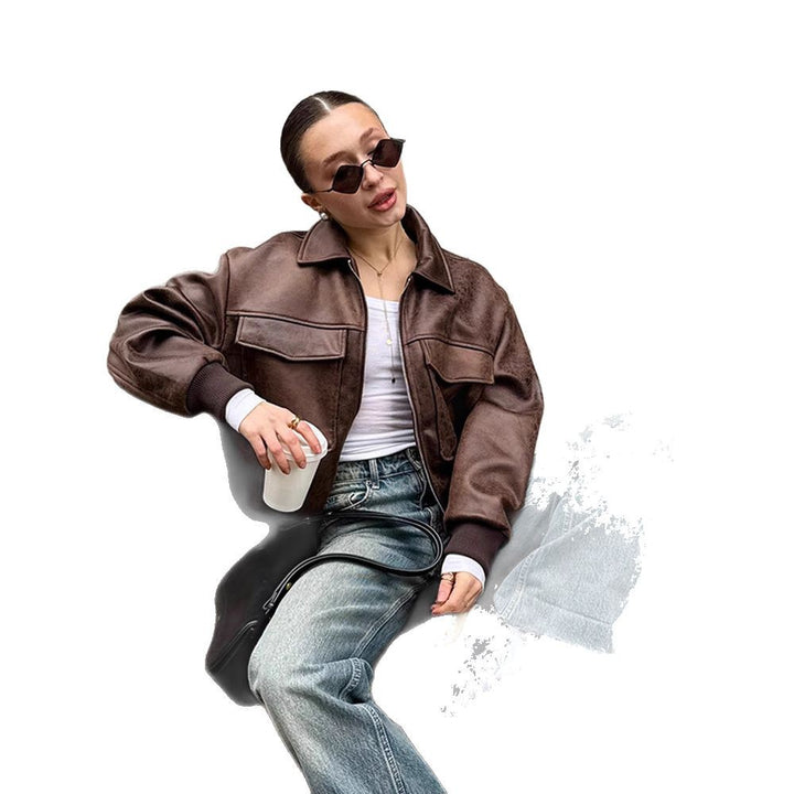 Women Cropped Suede Look Bomber Jacket with Flap Pockets and Ribbed Hem Mune Fashion