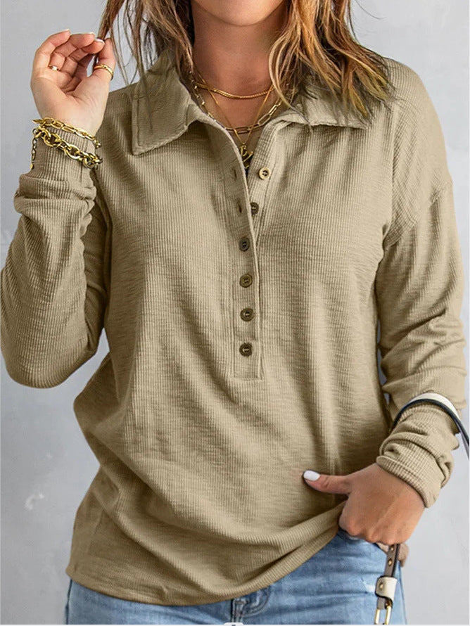 Women's Long Sleeve Waffle Shirt with Shirt Collar and Button Placket Drune