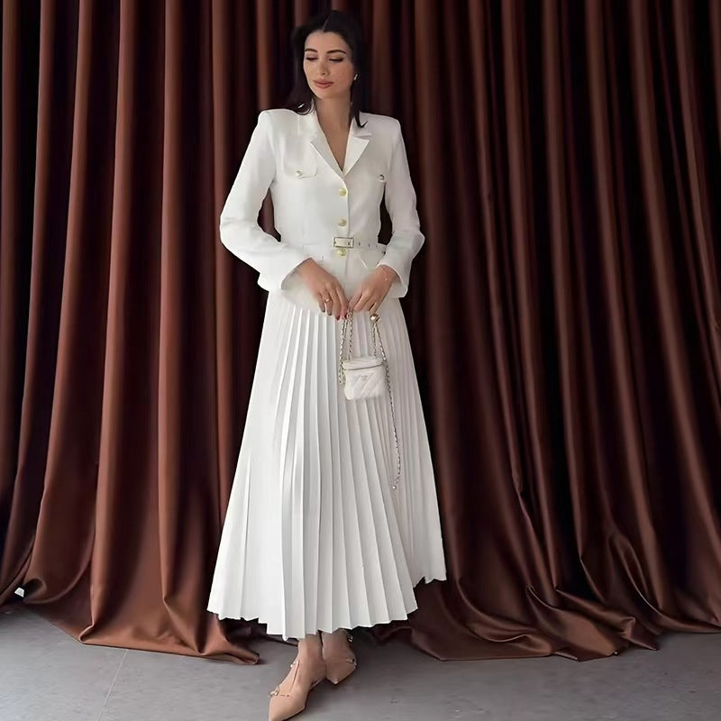 Women's Tailored Blazer with Belt and Pleated Maxi Skirt Set Mune Fashion