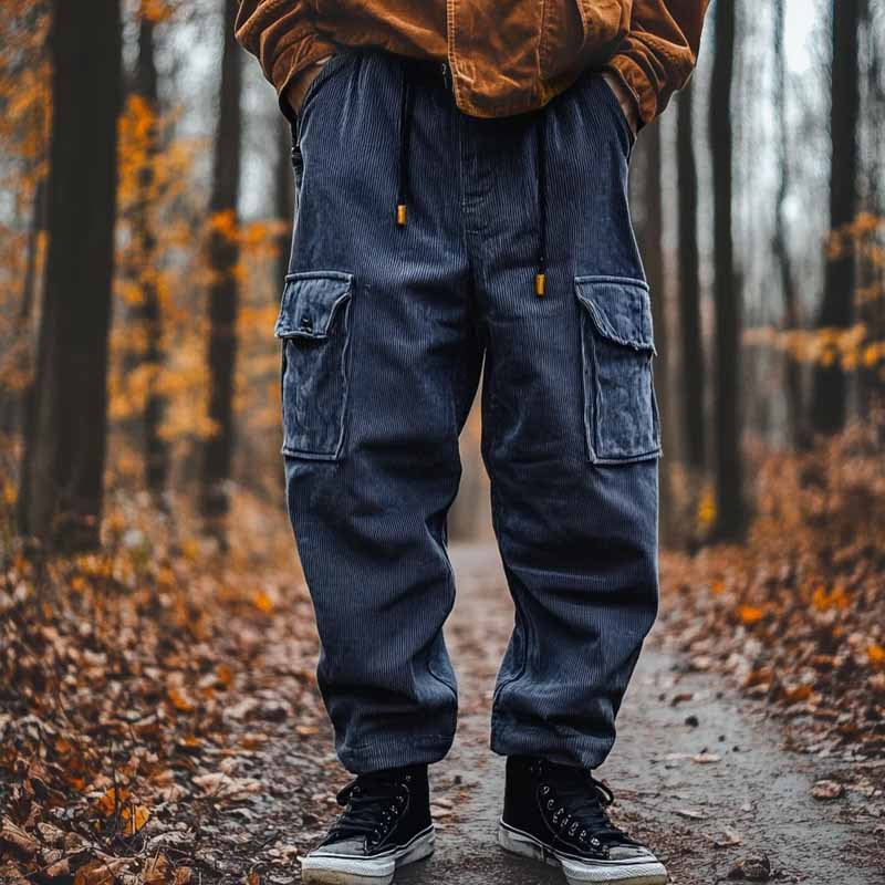 Men's corduroy cargo pants with drawstring, cuffs, and patch flap pockets Mune Fashion