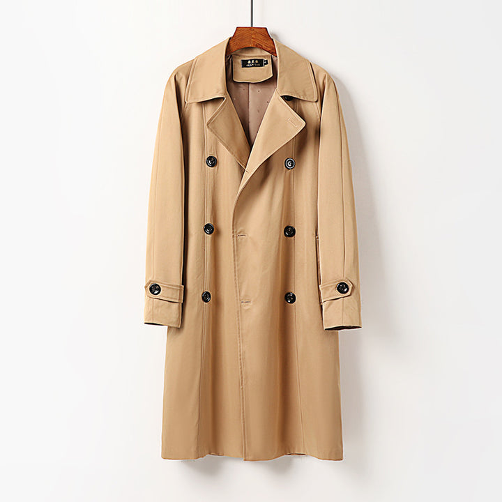 Men Water-Repellent Double-Breasted Trench Coat with Wide Lapels and Knee-Length Mune Fashion