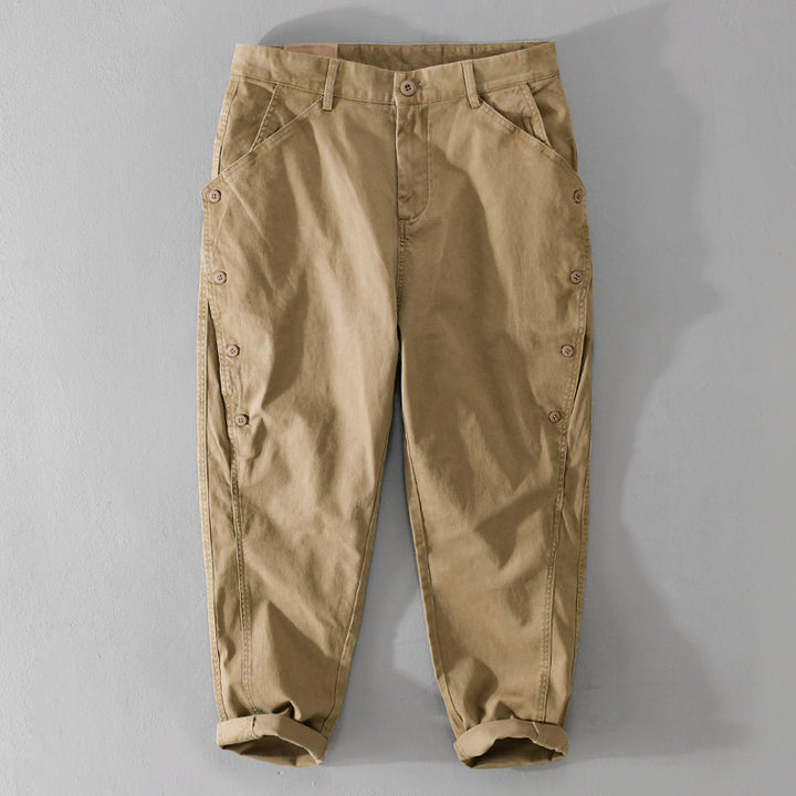 Men's casual tapered pants with side button placket and cuffs Mune Fashion