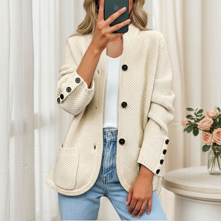Women's structured oversized cardigan with decorative sleeve button placket and patch pocket Mune Fashion