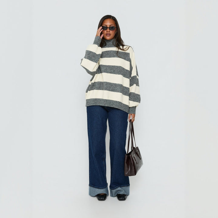Women's Oversize Striped Sweater with Roll Neck Mune Fashion