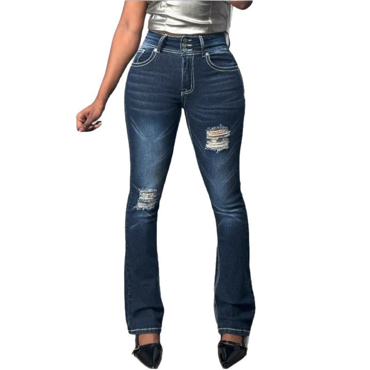 Women's Shaping High-Waist Bootcut Jeans with Triple Button Placket and Subtle Destroyed Look Mune Fashion