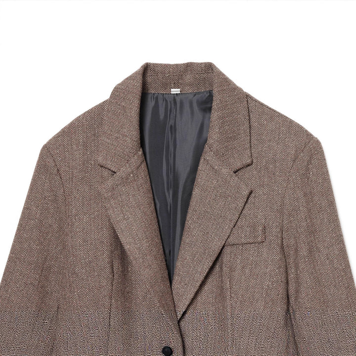 Women’s tailored herringbone coat blazer with leather belt, patch pockets and a falling lapel Mune Fashion