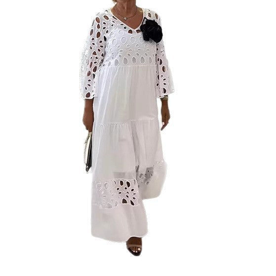 Women's maxi dress with openwork embroidery, V-neck, wide bell sleeves, and tiered hem Mune Fashion