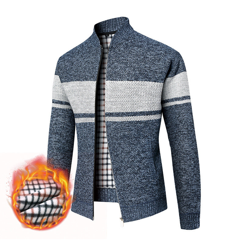 Men's thermal knitted zip jacket with stand-up collar and checkered fleece lining Mune Fashion