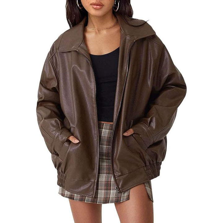Women Oversize Faux Leather Blouson with Zipper and Elastic Hem Mune Fashion