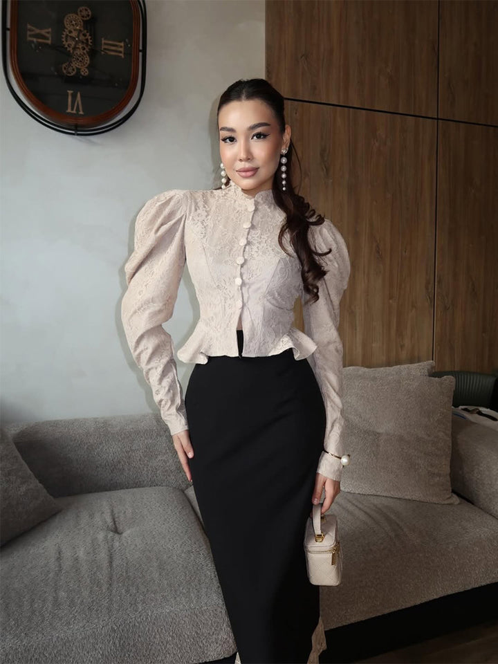 Women's Tailored Jacquard Blouse with Stand Collar, Puff Sleeves and Ruffle Hem Mune Fashion