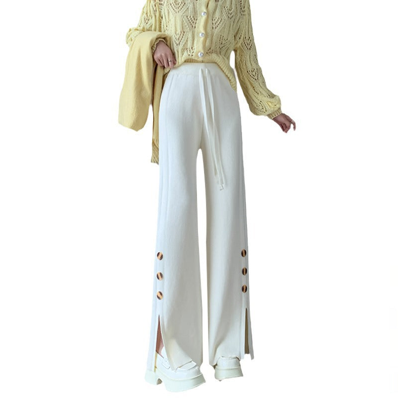 Women's Wide-Cut Knitted Pants with Button Details Mune Fashion
