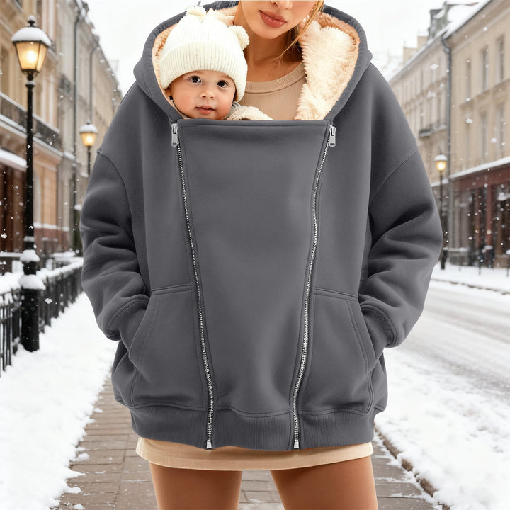Women nan baby carrier hoodie with teddy lining and two-way zipper Mune Fashion