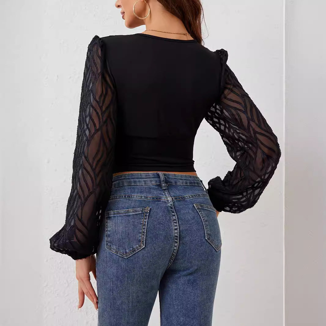 Women's fitted V-neck top with transparent balloon sleeves Mune Fashion
