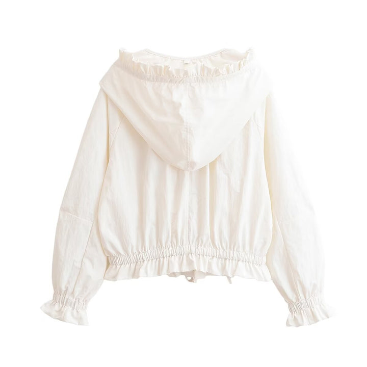 Women's Lightweight Hooded Jacket with Ruffled Collar, Drawstring and Elastic Hem Mune Fashion