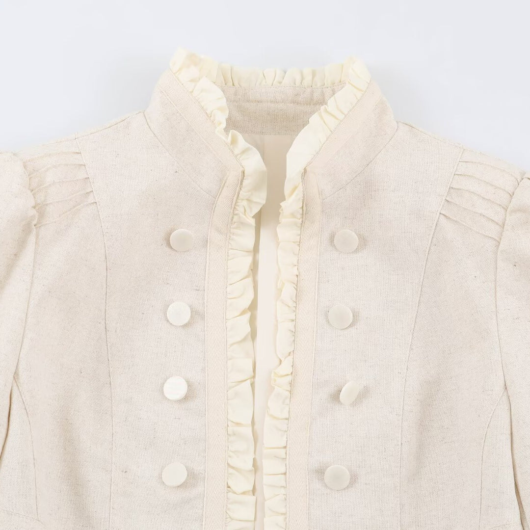 Women's Cropped Tailored Jacket with Stand-Up Collar Ruffle Trim and Decorative Buttons Mune Fashion
