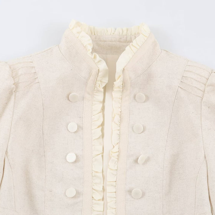 Women's Cropped Tailored Jacket with Stand-Up Collar Ruffle Trim and Decorative Buttons Mune Fashion