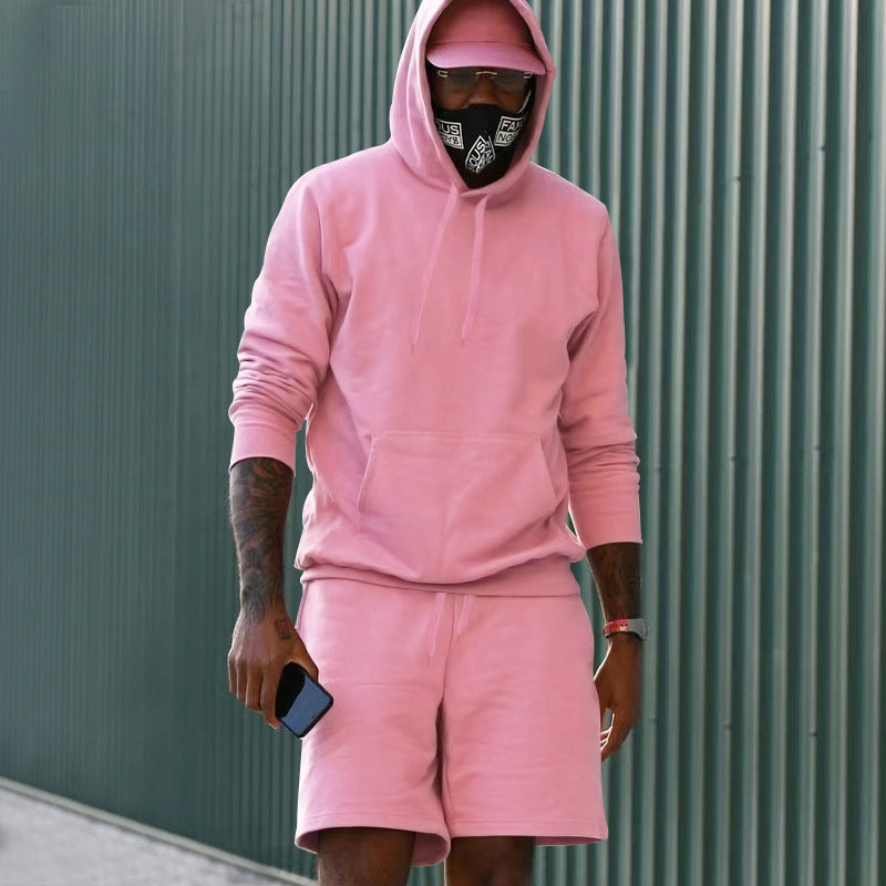 Men's two-piece leisure set hoodie and sweat shorts made of French Terry with kangaroo pocket and drawstring Mune Fashion