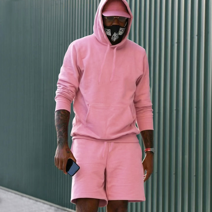 Men's two-piece leisure set hoodie and sweat shorts made of French Terry with kangaroo pocket and drawstring Mune Fashion