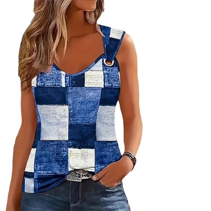Women's Sleeveless Patchwork Top with D-Ring Straps and Slightly Asymmetrical Hem Mune Fashion