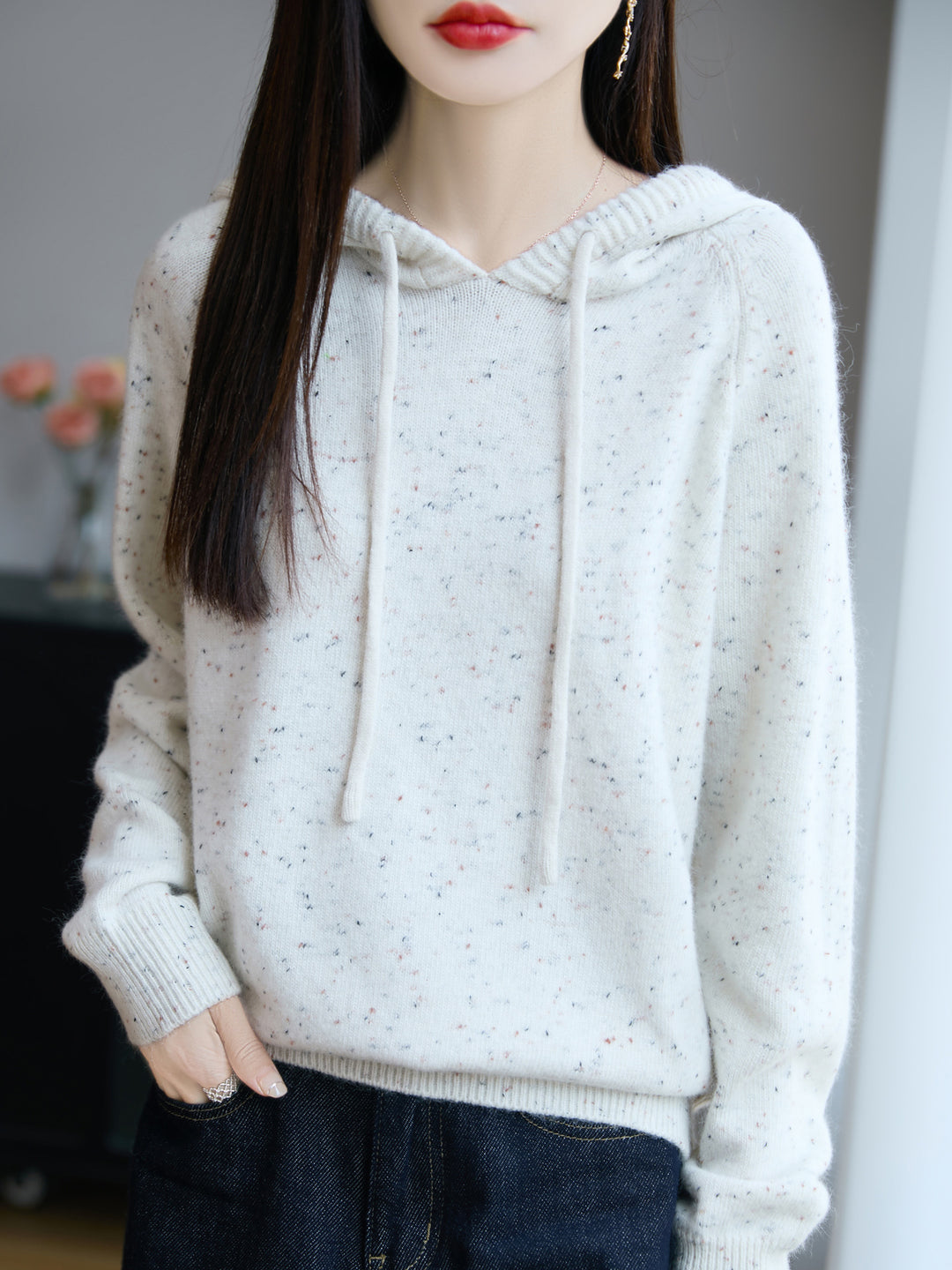 Women's Soft Fine Knit Hoodie with Nep Yarn and Ribbed Cuffs Mune Fashion