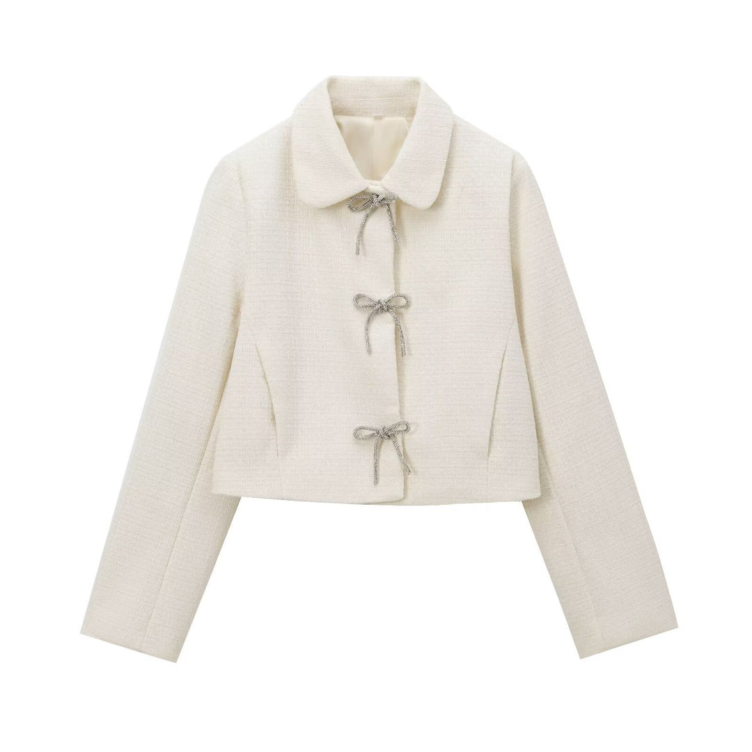Women's Short Boucle Tweed Jacket with Peter Pan Collar and Decorative Bow Closures Mune Fashion