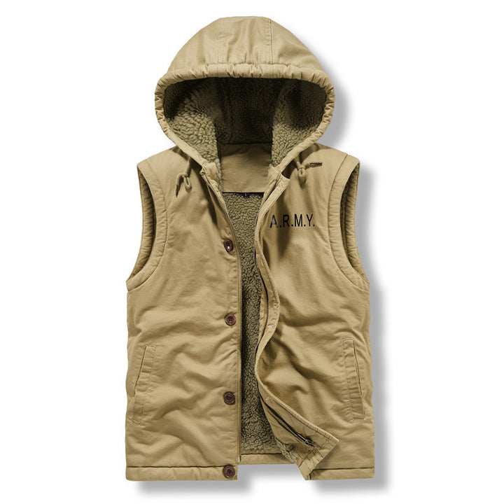 Men's Sleeveless Canvas Vest with Teddy Fleece Lining, Hood, and Two-Way Zipper Mune Fashion