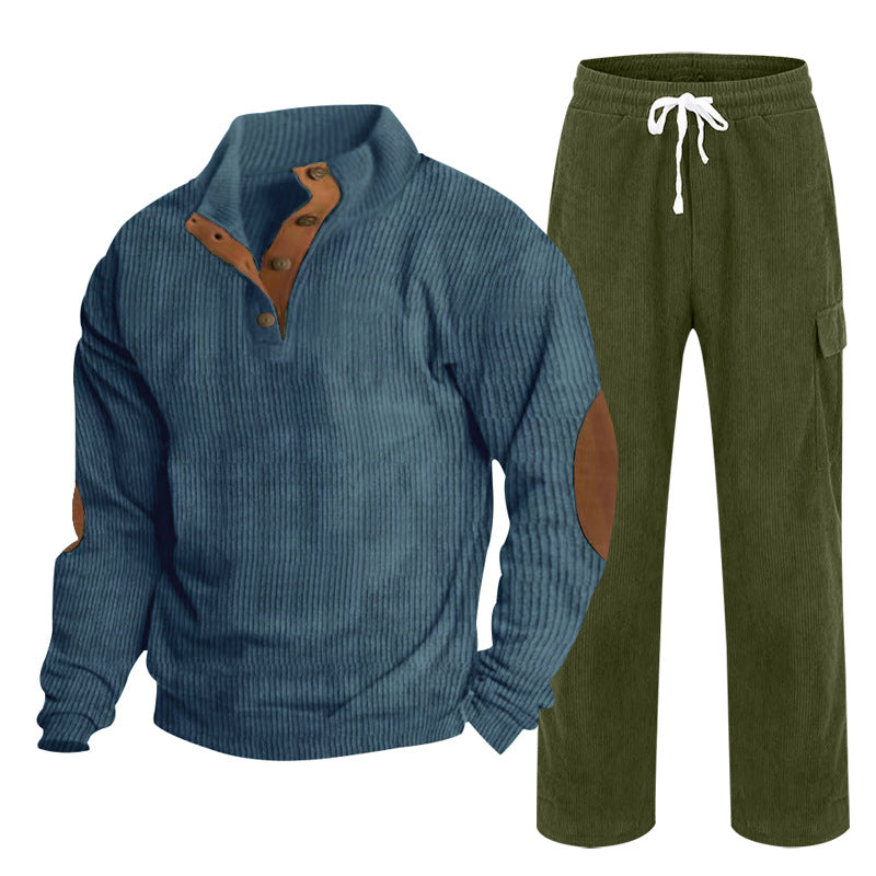 Men's Cozy Leisure Set made of Waffle Knit Henley with Elbow Patch and Relax Cargo Pants Mune Fashion