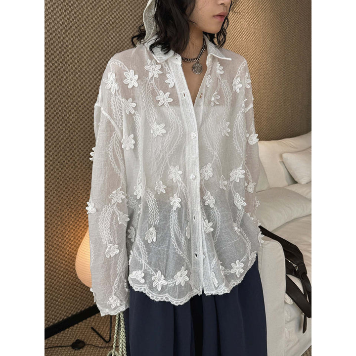 Women's Transparent Blouse with 3D Flower Embroidery, Shirt Collar and Button Placket Mune Fashion