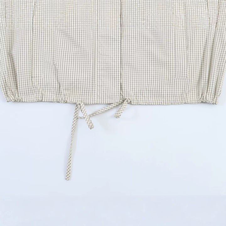 Women Cropped Checkered Lightweight Blouson Jacket with Stand Collar, Drawstring Hem and Concealed Button Placket Mune Fashion