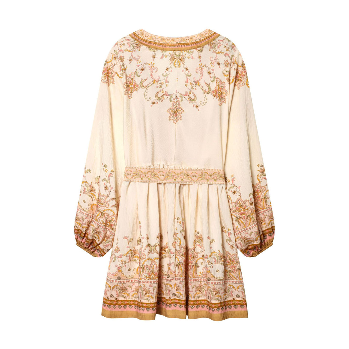 Women's embroidered Boho mini dress with deep V-neck, continuous button placket, figure-flattering tie belt, and balloon sleeves Mune Fashion