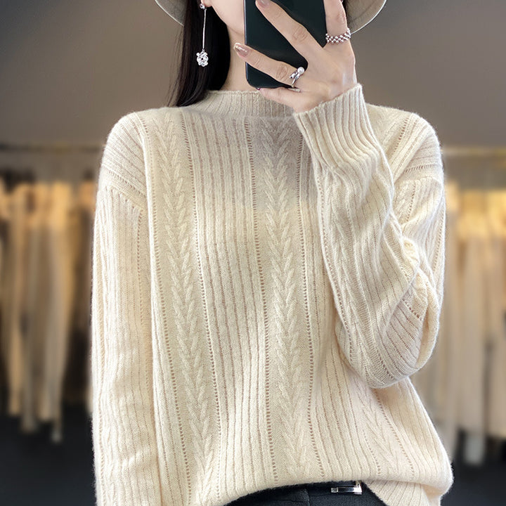Women Cashmere-like Fine Knit Mock Neck Sweater with Lace Cable Pattern and Casual Oversized Fit Mune Fashion