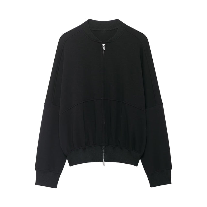 Women's Cropped Boxy Bomber Jacket with Two-Way Zipper and Elastic Waistband Mune Fashion