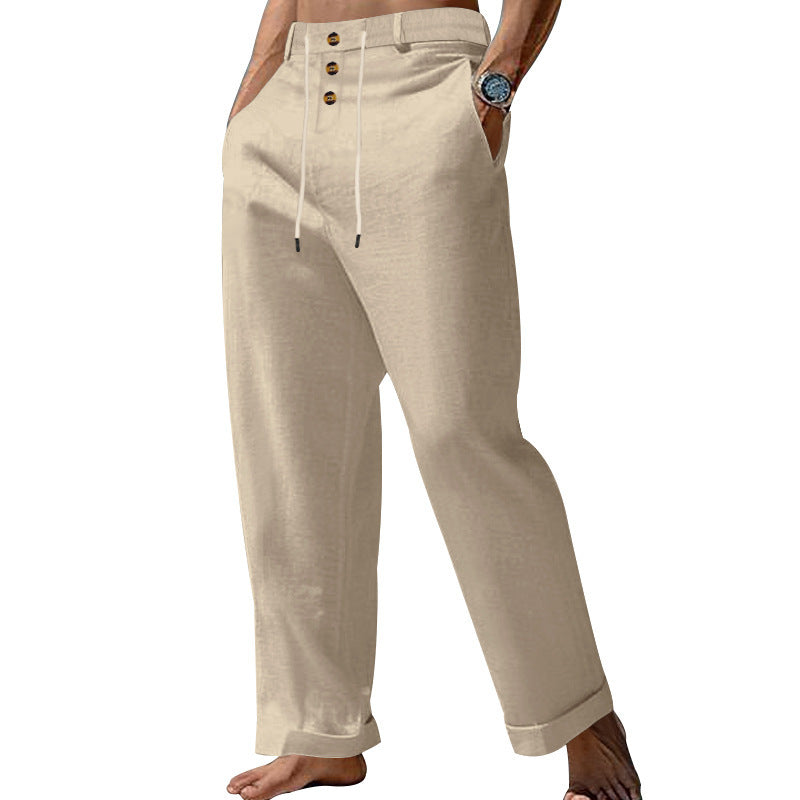 Men's wide summer pants made of linen-cotton blend with triple-button placket, drawstring waistband, and cuffed hem Mune Fashion
