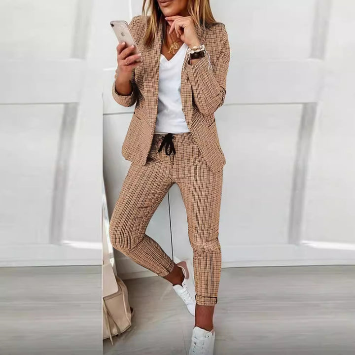 Women's two-piece checkered blazer and slim-fit jogging pants with drawstring Mune Fashion